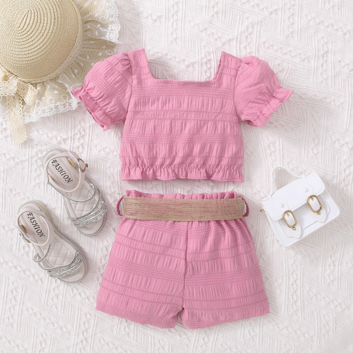 “The ViVi” Kids Textured Bow Detail Top and Belted Shorts Set