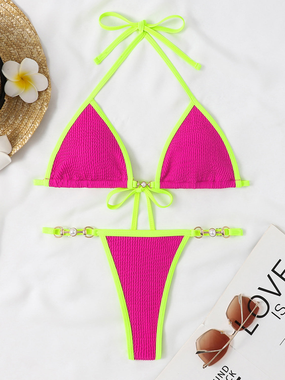 “The Dizzy” Textured Contrast Halter Neck Two-Piece Bikini Set