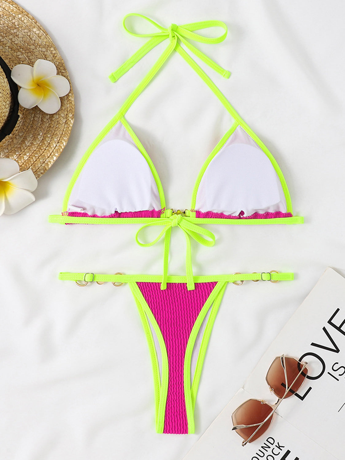 “The Dizzy” Textured Contrast Halter Neck Two-Piece Bikini Set