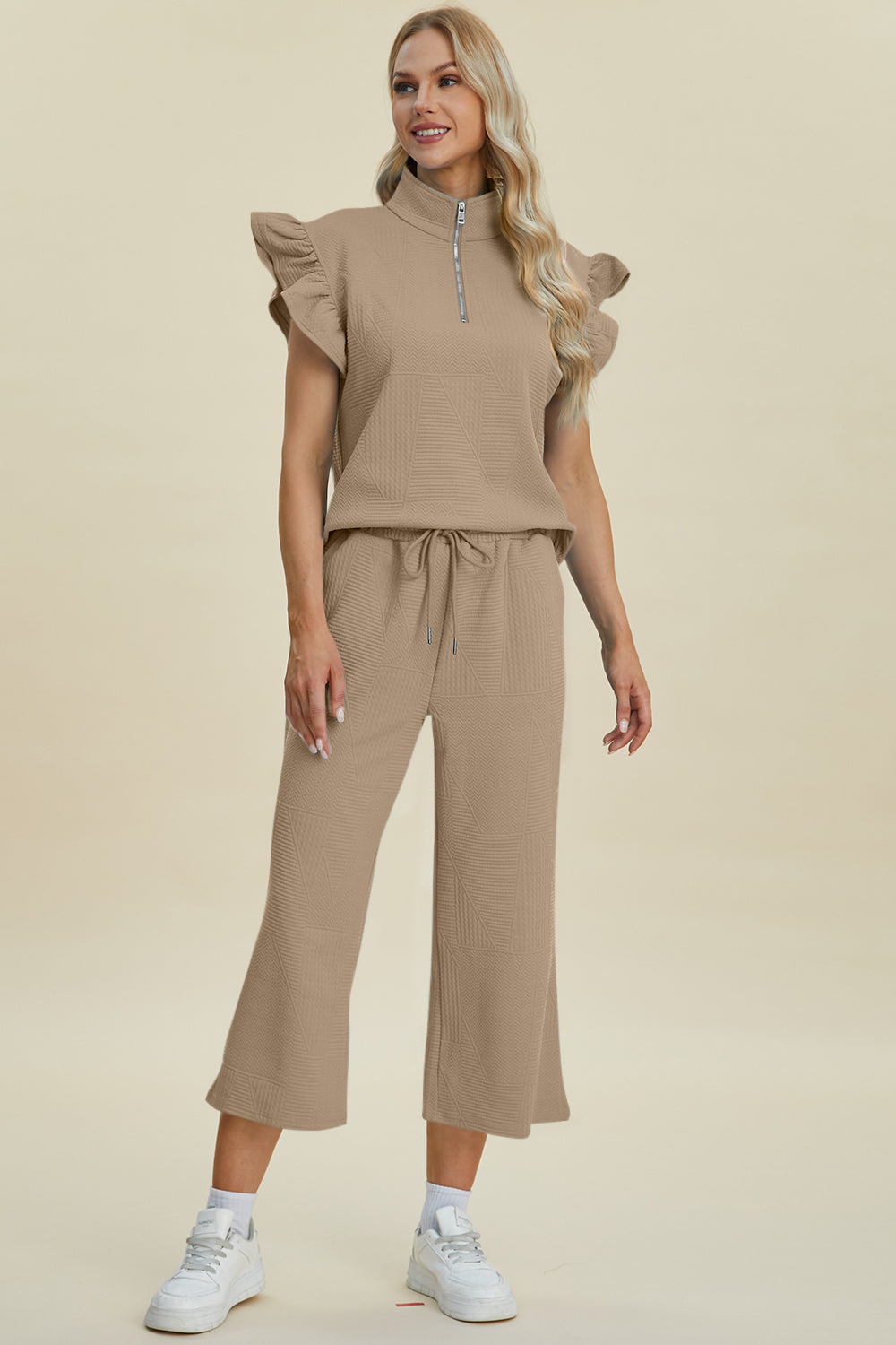 “The Ruffle Gang” Full Size Texture Ruffle Short Sleeve Top and Wide Leg Pants Set