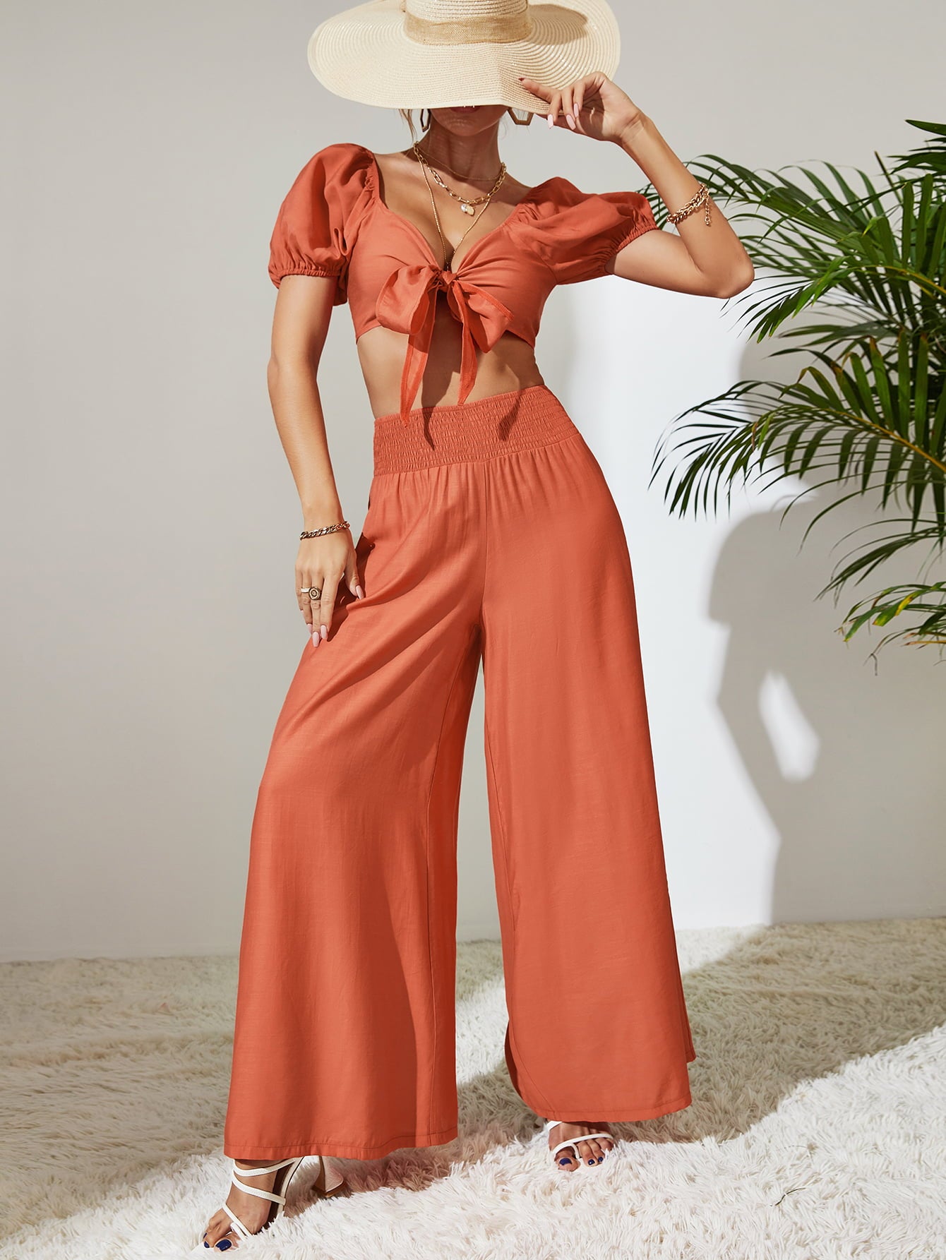 “The I forgot about It”￼Tie Front Cropped Top and Smocked Wide Leg Pants Set