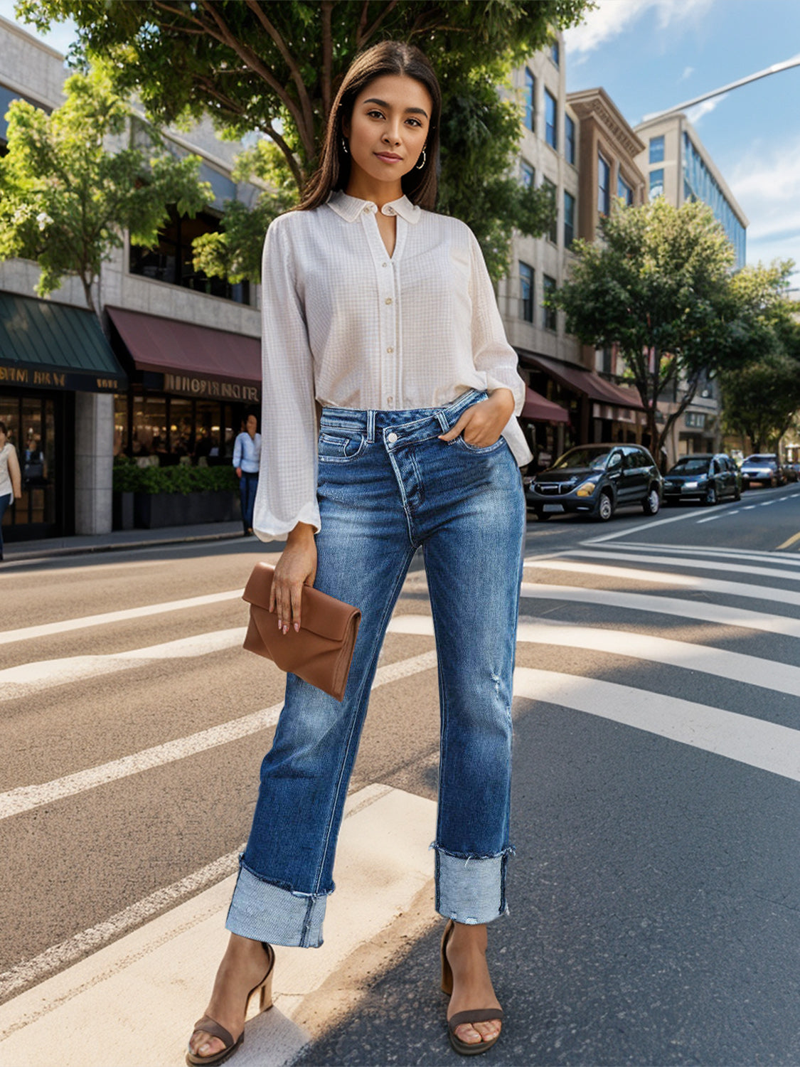 “The Floodgates” Stepped Waist Raw Hem Rolled Straight Jeans