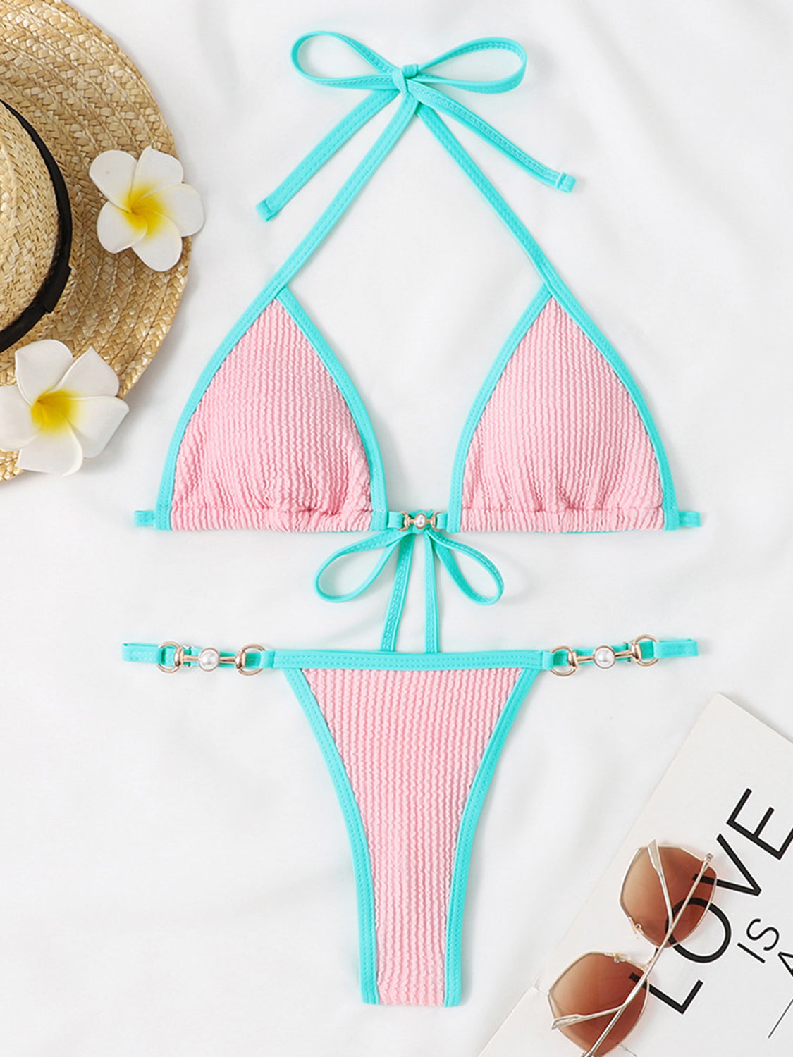 “The Dizzy” Textured Contrast Halter Neck Two-Piece Bikini Set