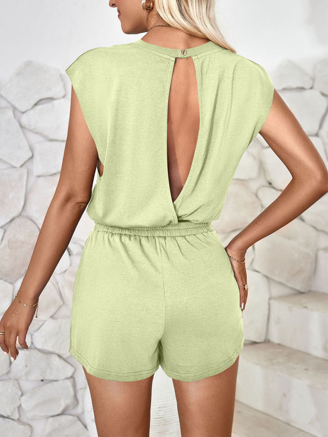 “The Run Around” Cutout Round Neck Cap Sleeve Romper