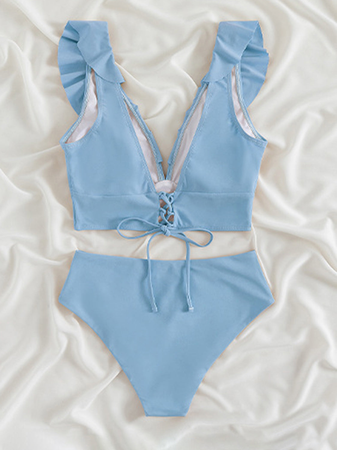 “The Chalet” Ruffled V-Neck Sleeveless Two-Piece Swim Set