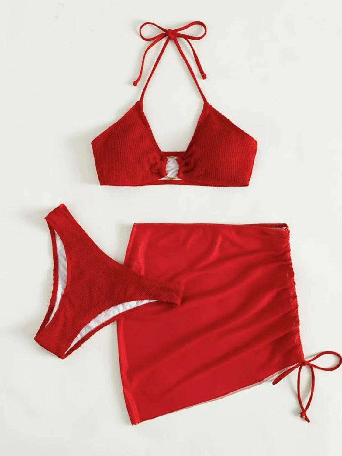 “The Too Ruched” Tied Halter Neck Three-Piece Swim Set