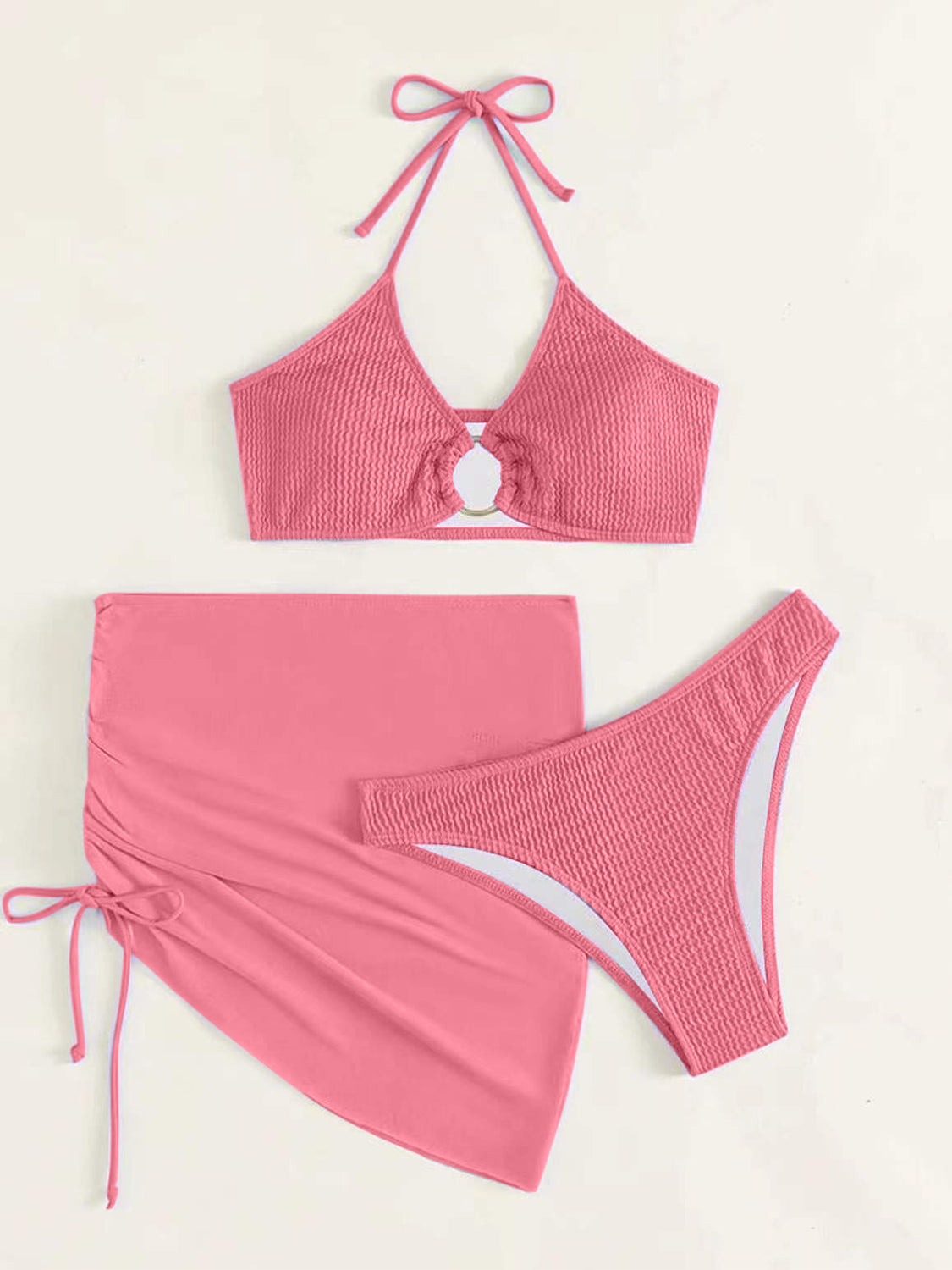 “The Too Ruched” Tied Halter Neck Three-Piece Swim Set