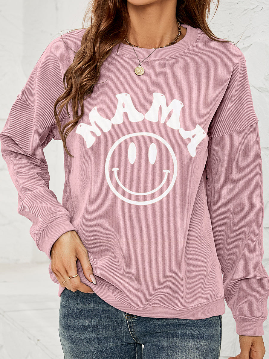 “The Happy MaMa” Round Neck Long Sleeve MAMA Graphic Sweatshirt