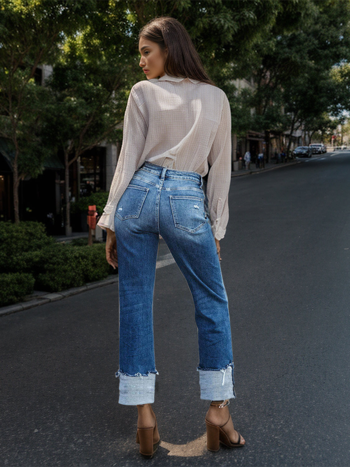 “The Floodgates” Stepped Waist Raw Hem Rolled Straight Jeans