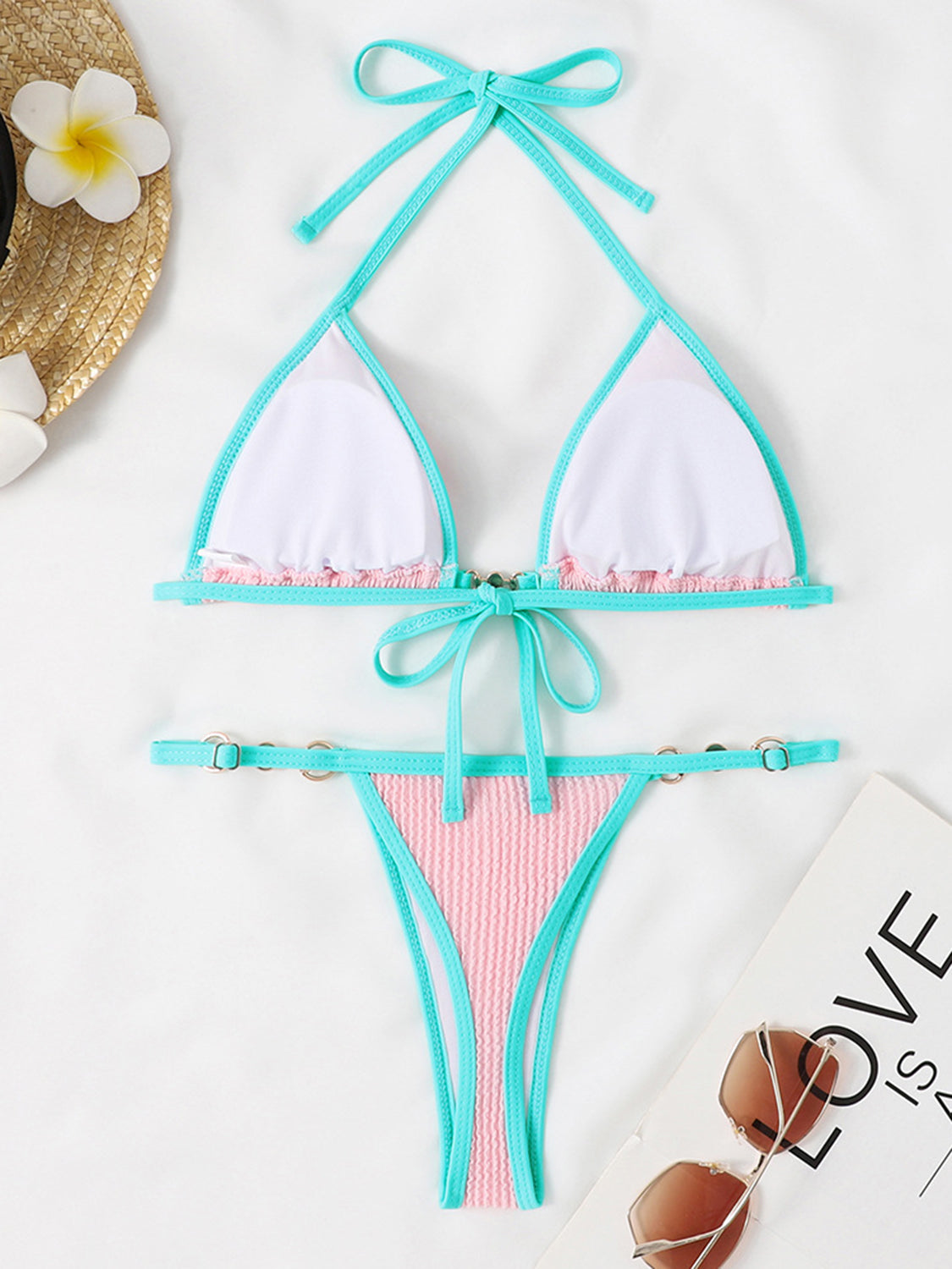 “The Dizzy” Textured Contrast Halter Neck Two-Piece Bikini Set