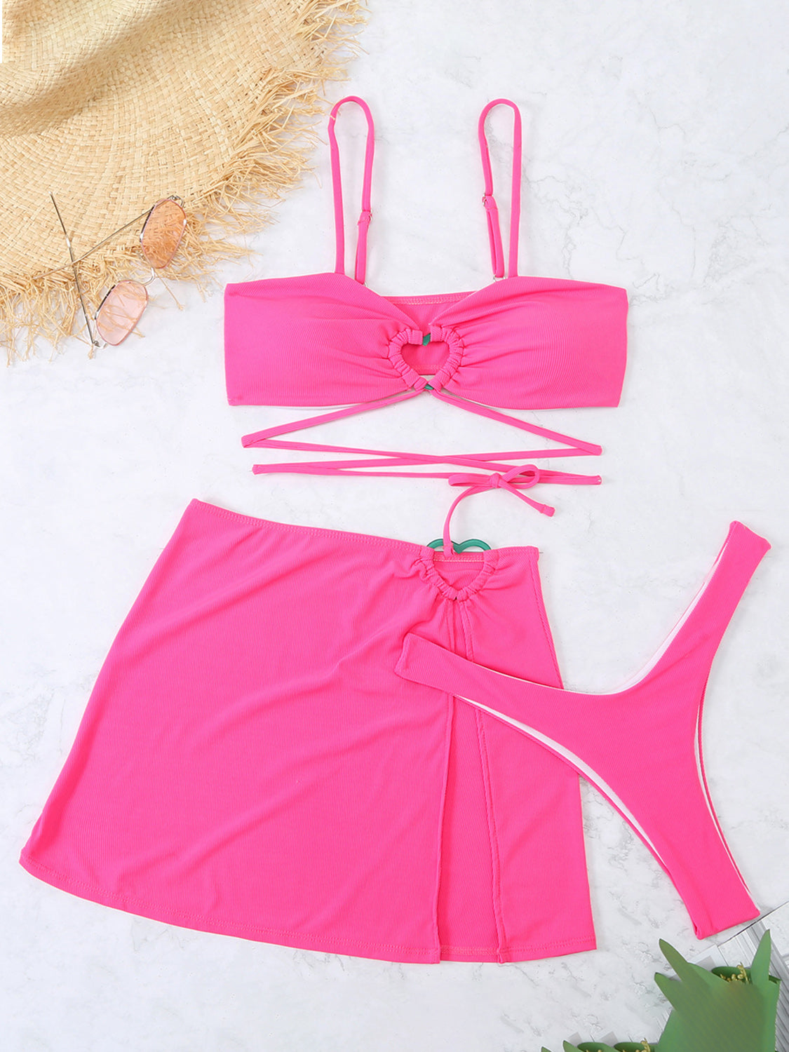 “The Heartfelt Swim” Cutout Spaghetti Strap Three-Piece Swim Set