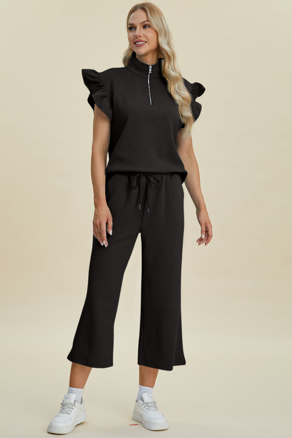 “The Ruffle Gang” Full Size Texture Ruffle Short Sleeve Top and Wide Leg Pants Set