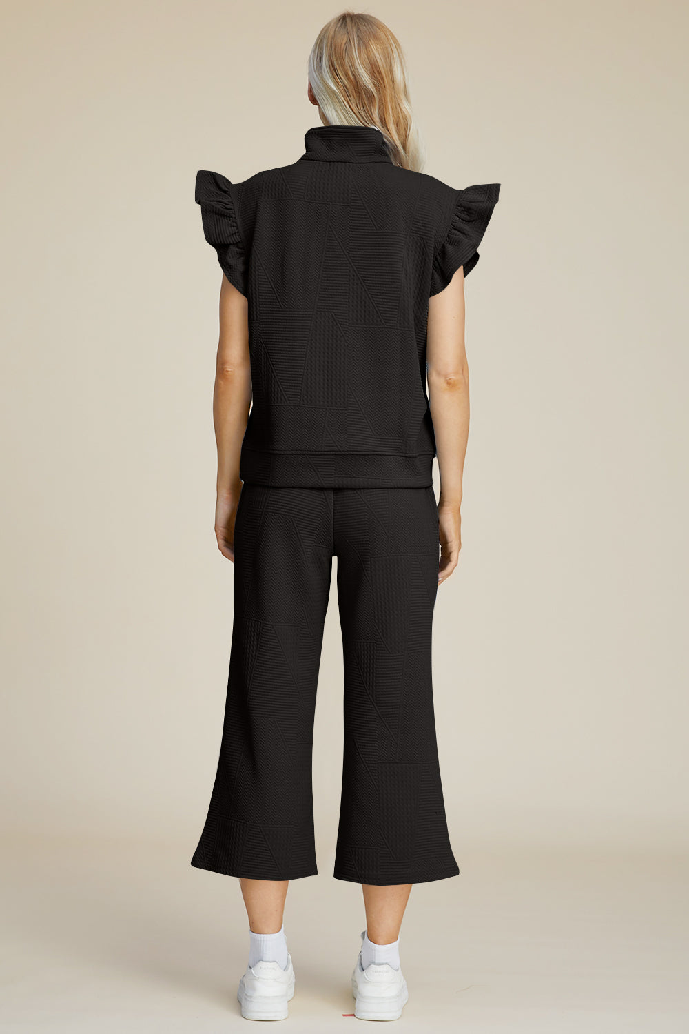 “The Ruffle Gang” Full Size Texture Ruffle Short Sleeve Top and Wide Leg Pants Set