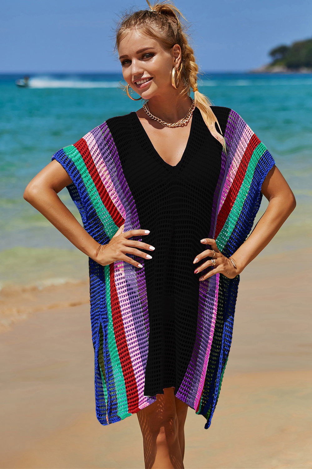 “The Cutie” Openwork Striped Slit Knit Cover Up