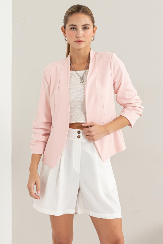 “The Starter” Open Front Ruched Sleeve Blazer