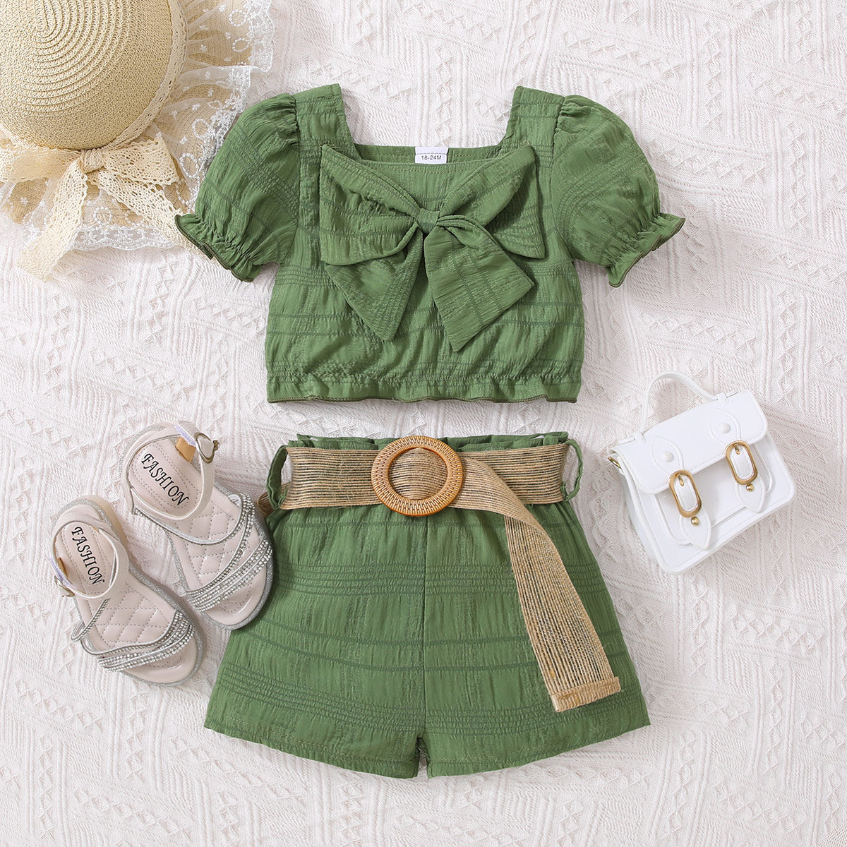 “The ViVi” Kids Textured Bow Detail Top and Belted Shorts Set