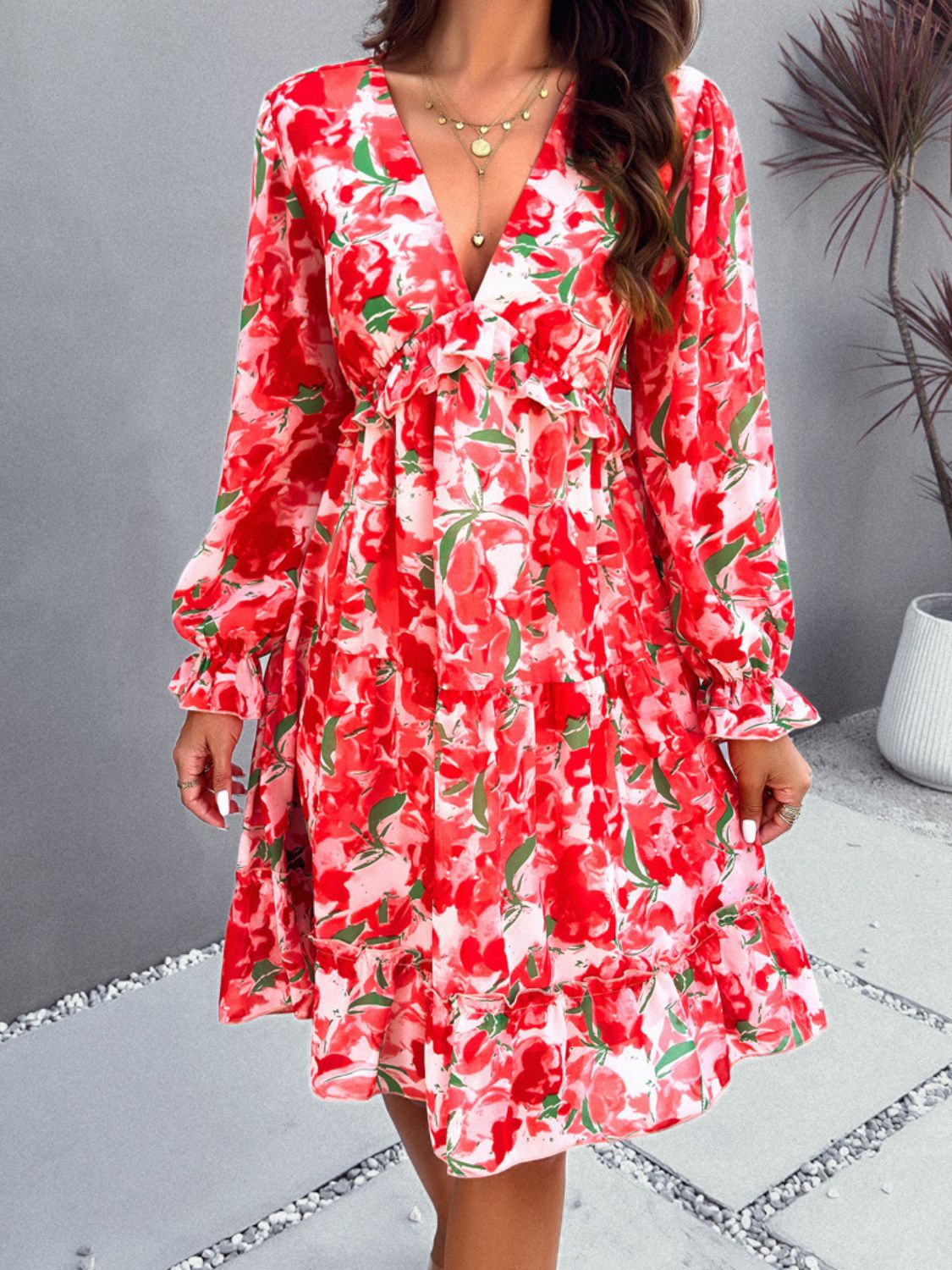 “The Artico” Backless Printed V-Neck Flounce Sleeve Dress