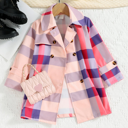 “Brickie Girl:Plaid Lapel Collar Long Sleeve Coat