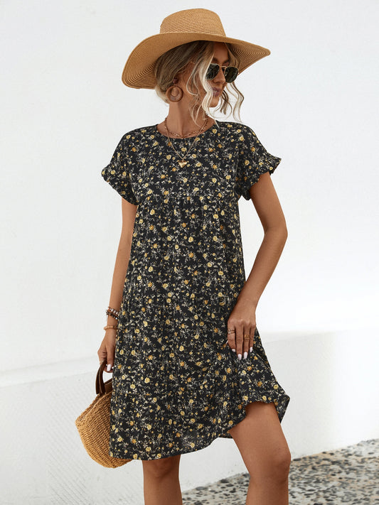 “The Flower Frill” Floral Round Neck Short Sleeve Tiered Dress