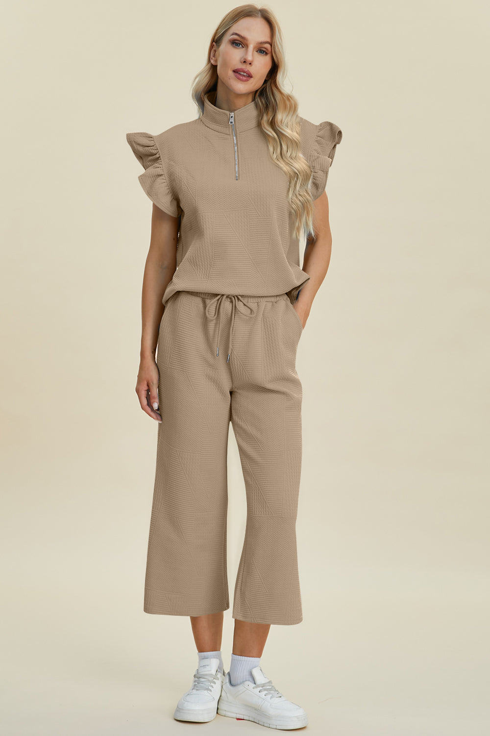 “The Ruffle Gang” Full Size Texture Ruffle Short Sleeve Top and Wide Leg Pants Set