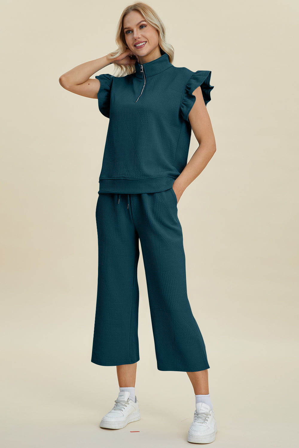 “The Ruffle Gang” Full Size Texture Ruffle Short Sleeve Top and Wide Leg Pants Set