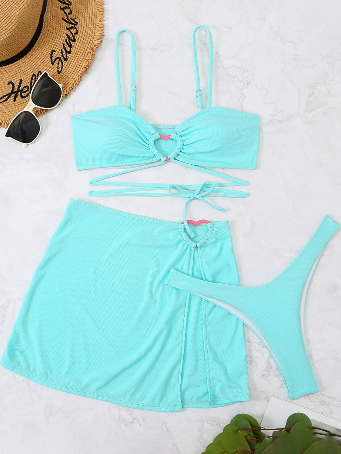 “The Heartfelt Swim” Cutout Spaghetti Strap Three-Piece Swim Set