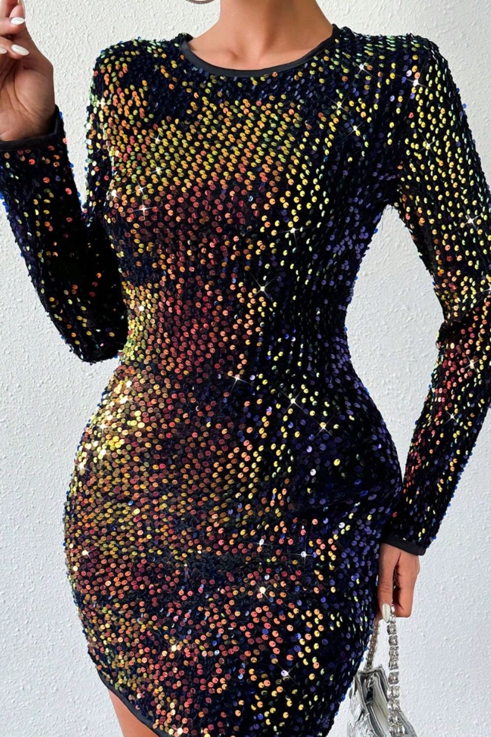 “The Trek” Sequin Round Neck Long Sleeve Mini Dress