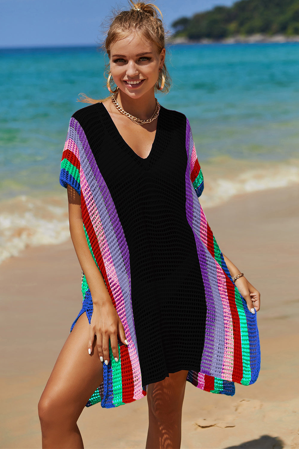 “The Cutie” Openwork Striped Slit Knit Cover Up