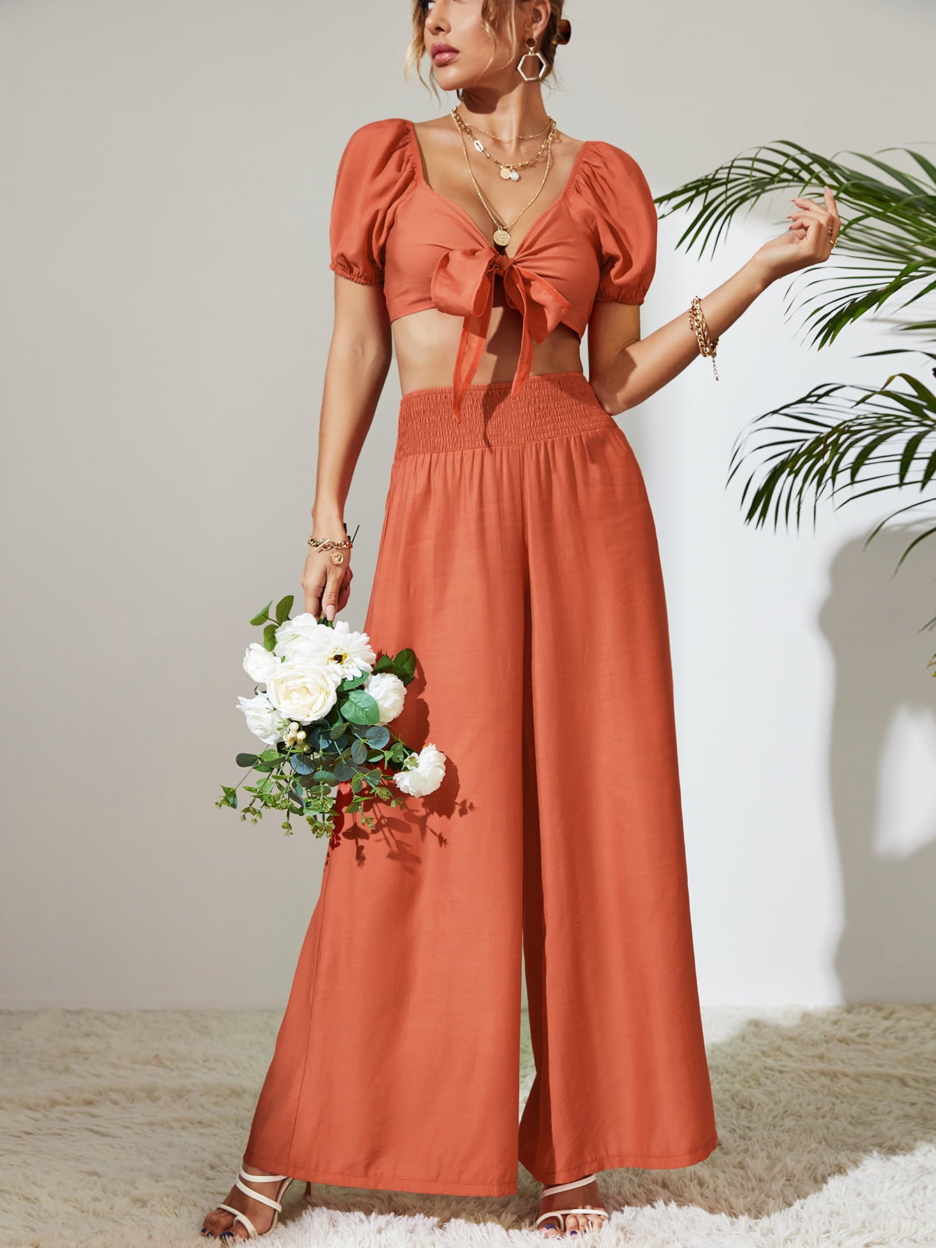 “The I forgot about It”￼Tie Front Cropped Top and Smocked Wide Leg Pants Set