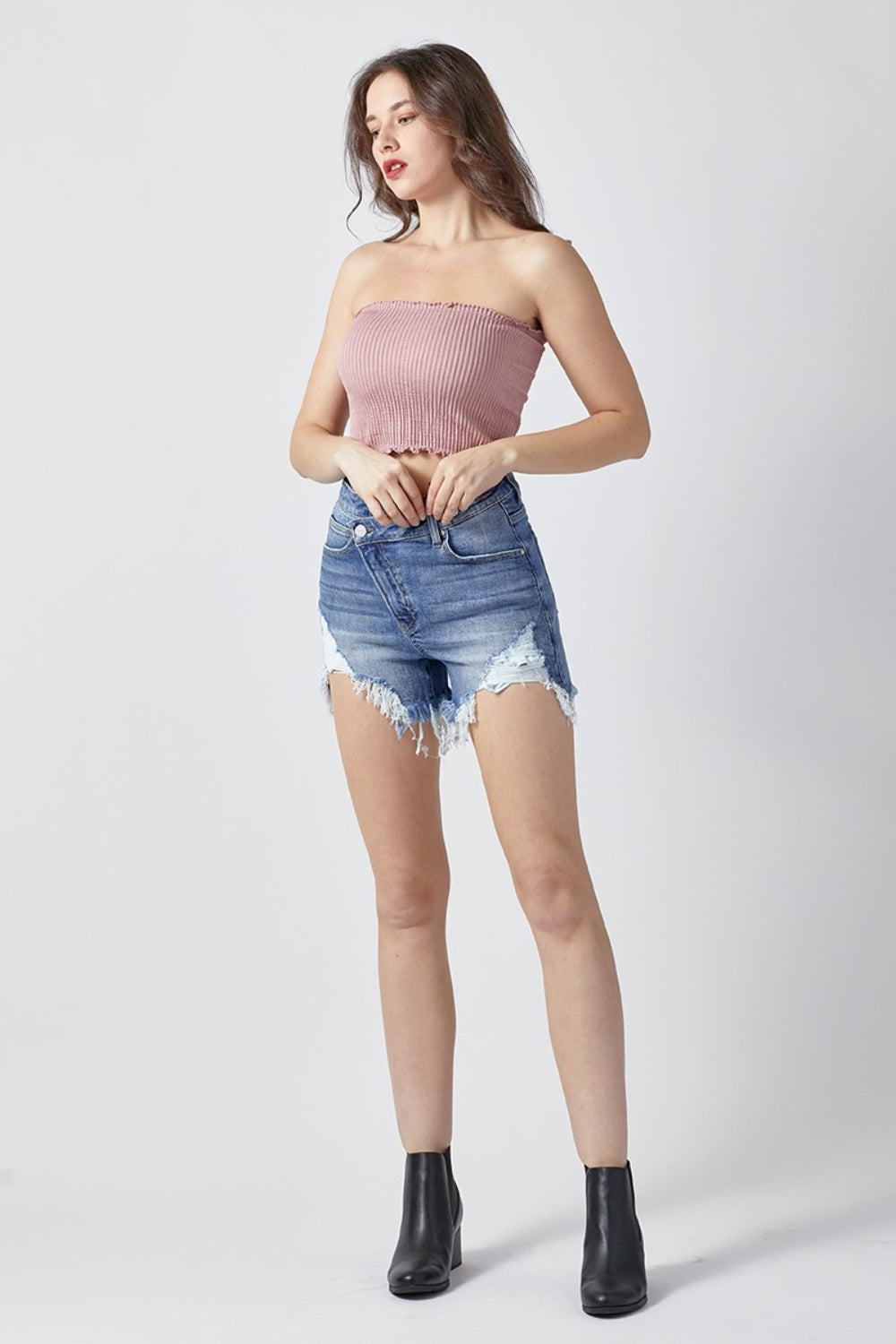 “The Riz”Raw Hem Asymmetrical Waist Denim Shorts