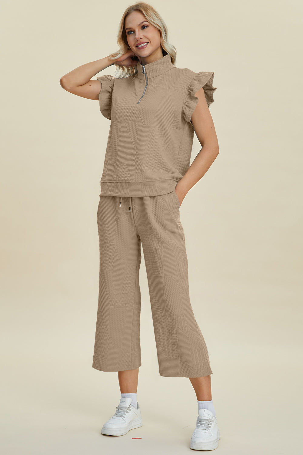 “The Ruffle Gang” Full Size Texture Ruffle Short Sleeve Top and Wide Leg Pants Set