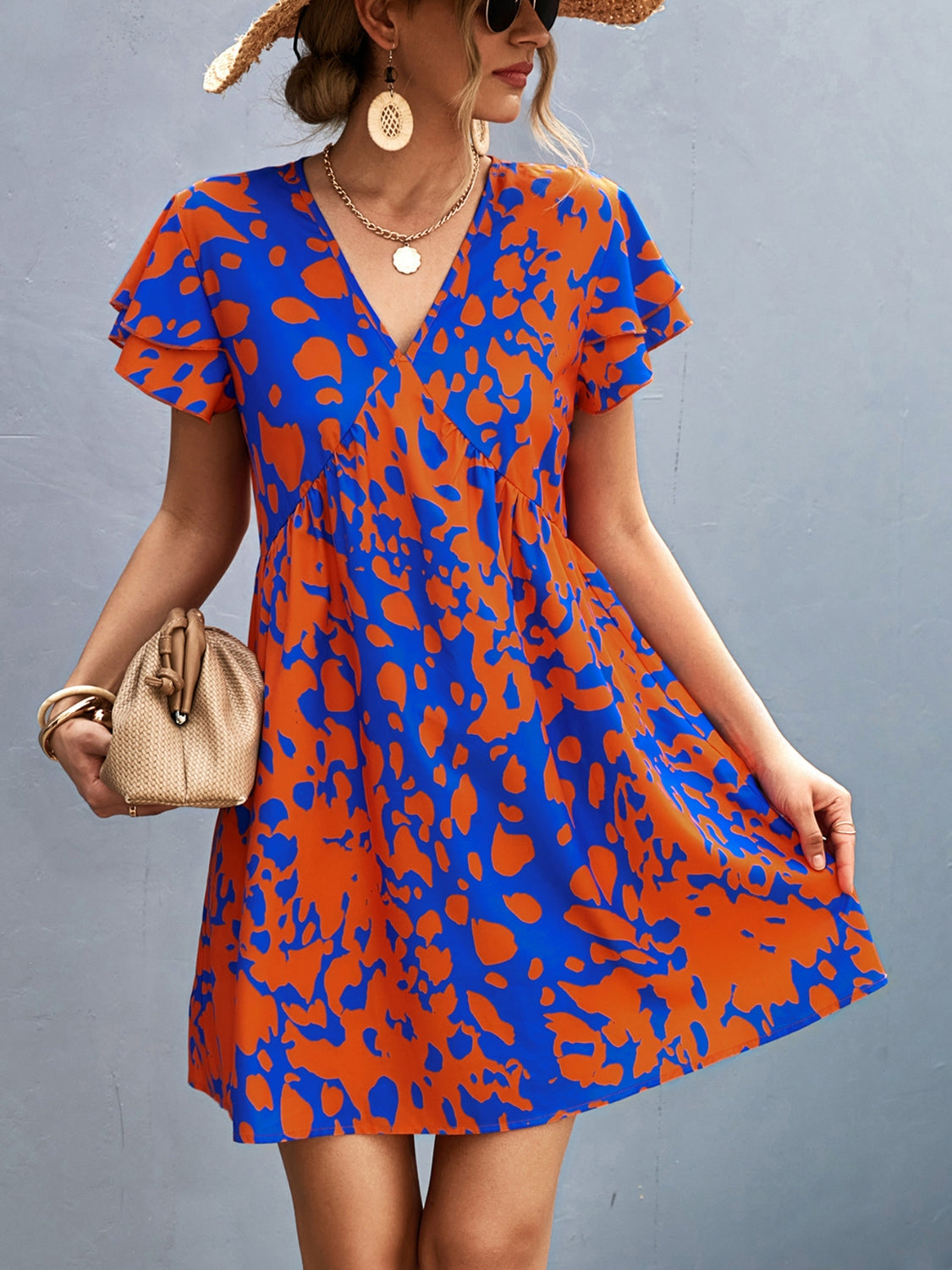 “The Protector” Ruffled Printed V-Neck Short Sleeve Mini Dress