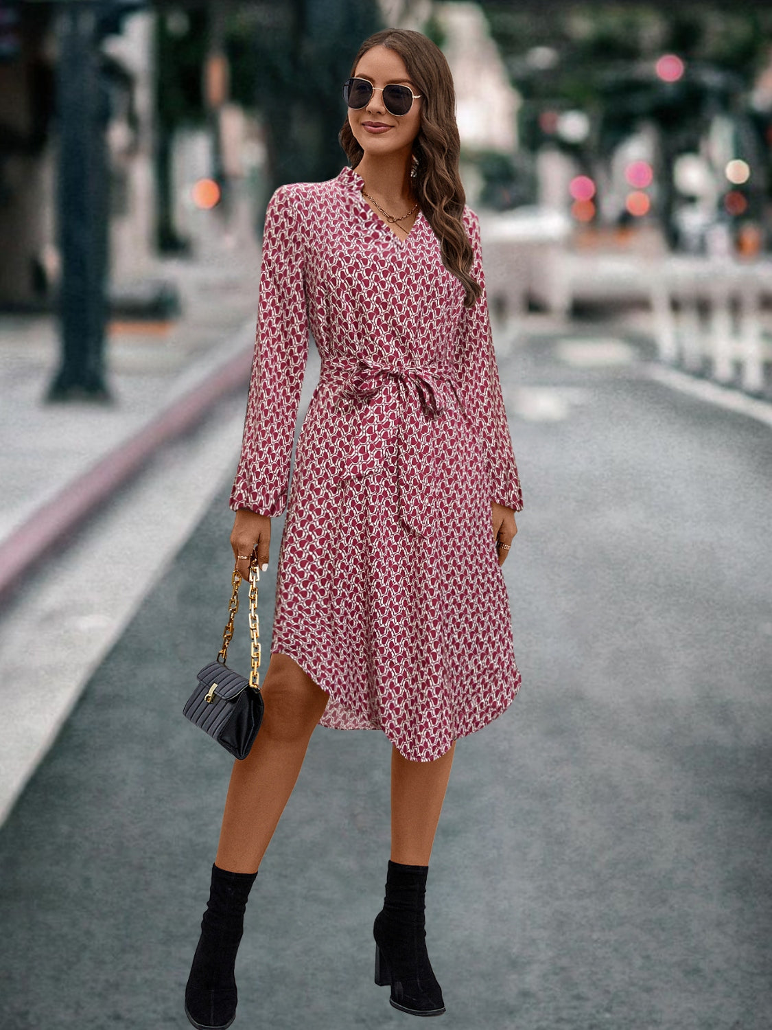 “The Standoff” Printed Notched Tie Front Long Sleeve Dress