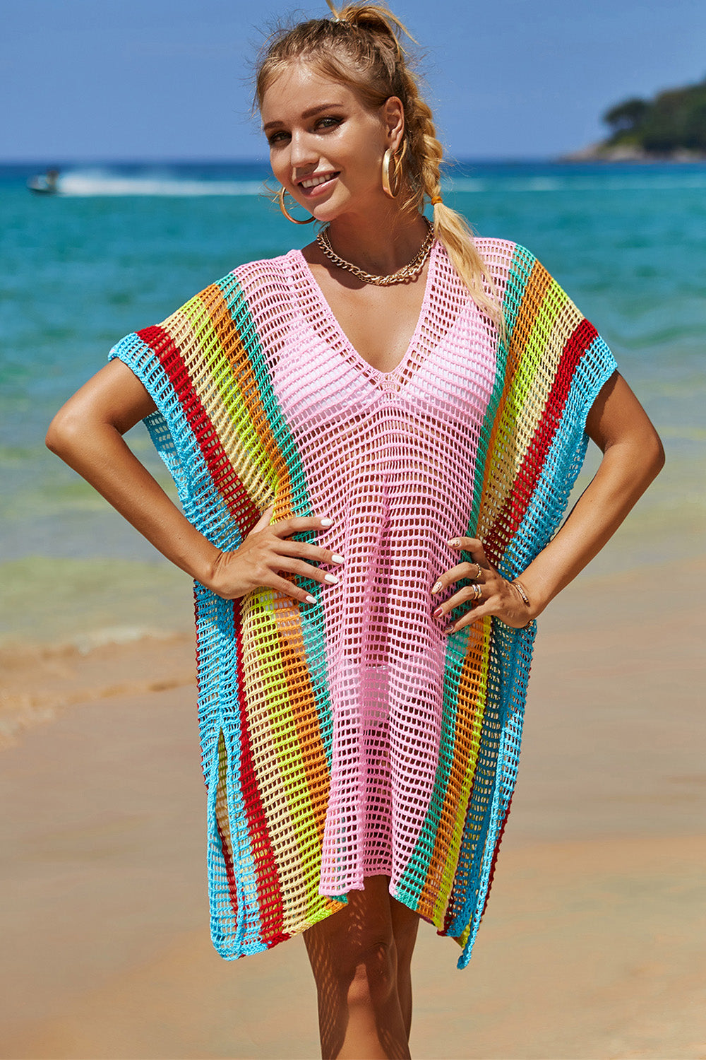 “The Cutie” Openwork Striped Slit Knit Cover Up