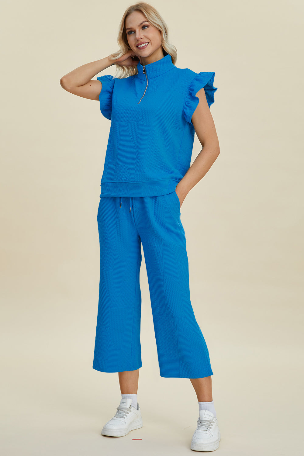 “The Ruffle Gang” Full Size Texture Ruffle Short Sleeve Top and Wide Leg Pants Set