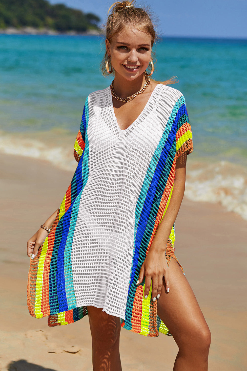 “The Cutie” Openwork Striped Slit Knit Cover Up