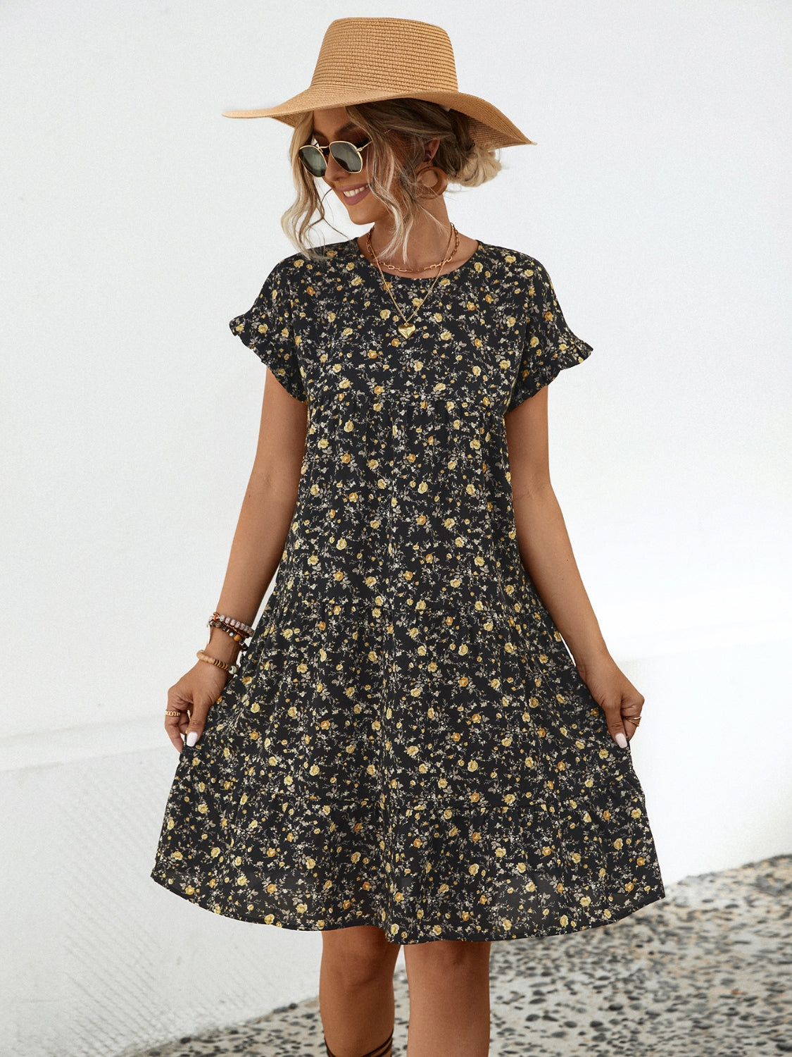 “The Flower Frill” Floral Round Neck Short Sleeve Tiered Dress