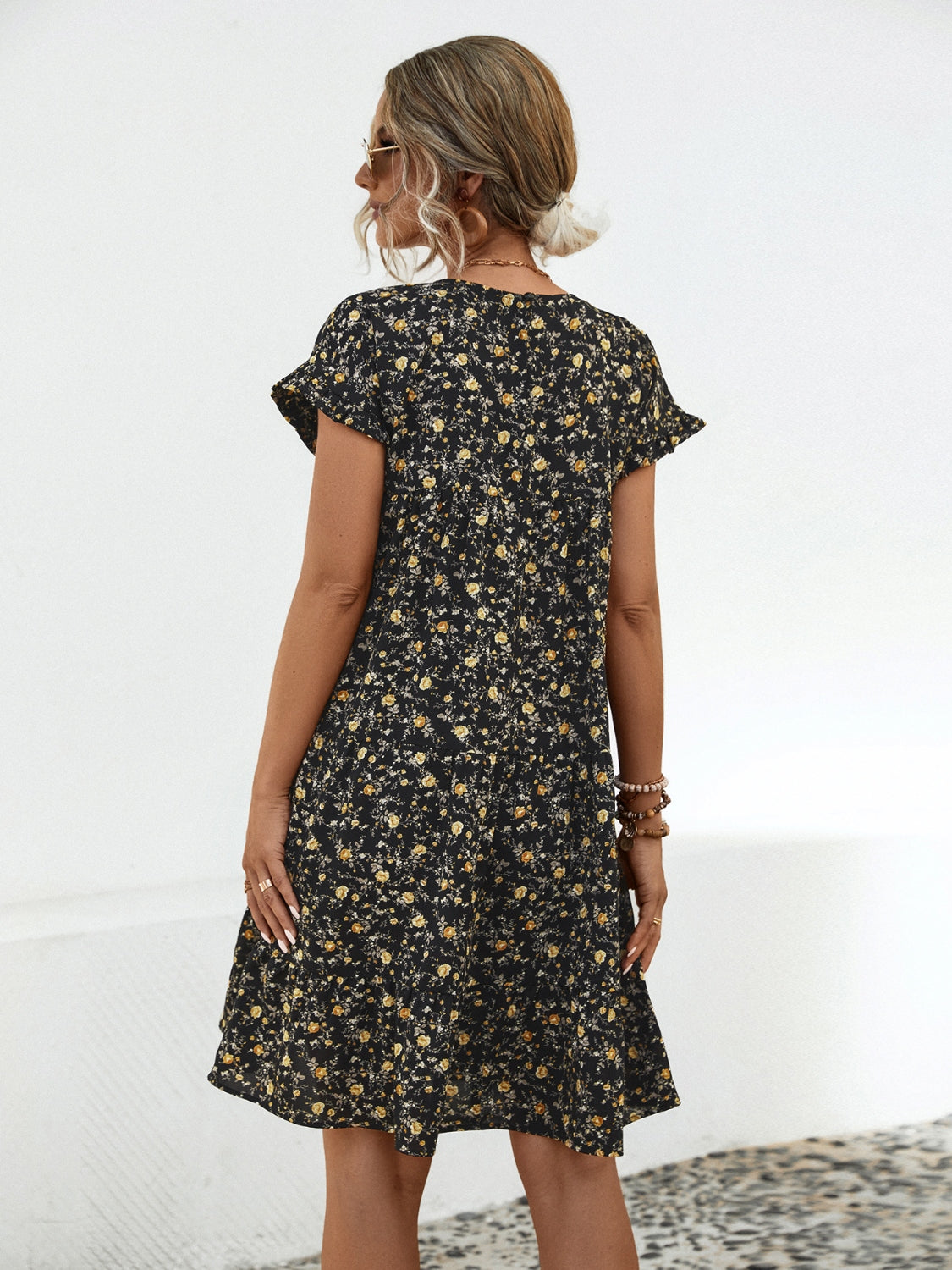 “The Flower Frill” Floral Round Neck Short Sleeve Tiered Dress