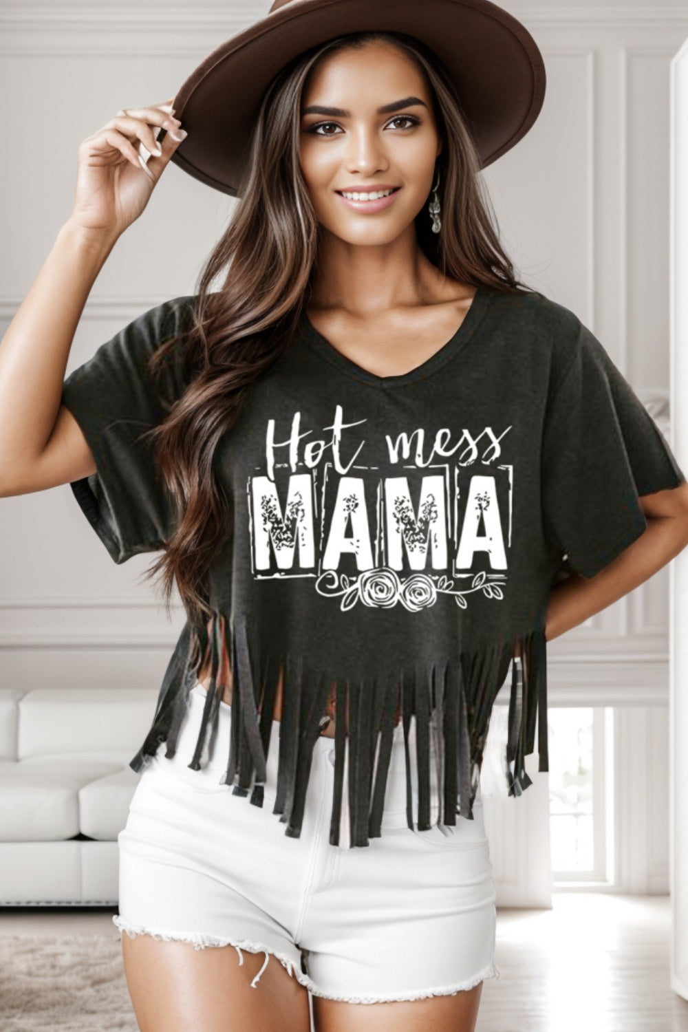 “The HOT MESS MAMA” Fringe Round Neck T-Shirt