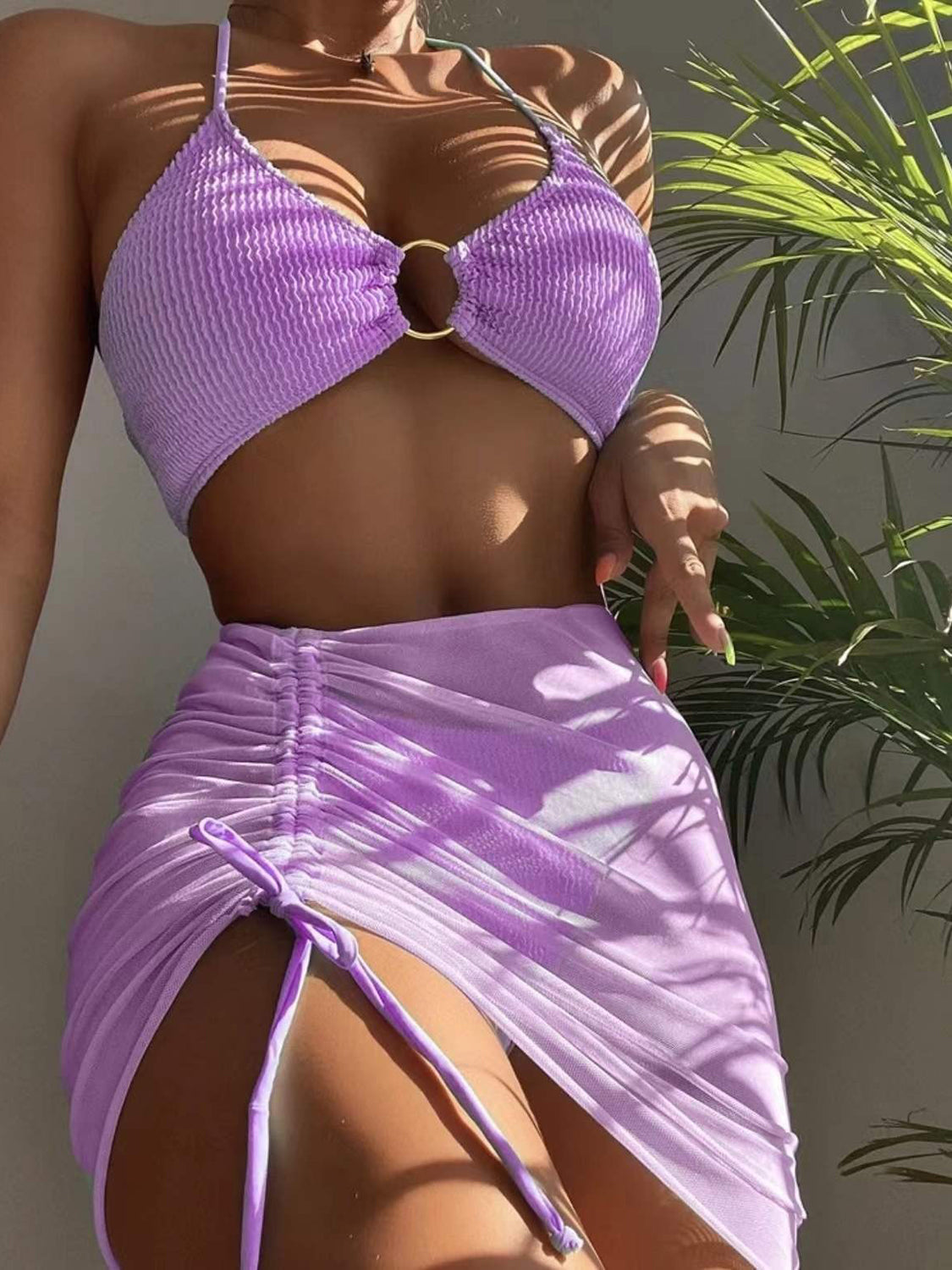 “The Too Ruched” Tied Halter Neck Three-Piece Swim Set