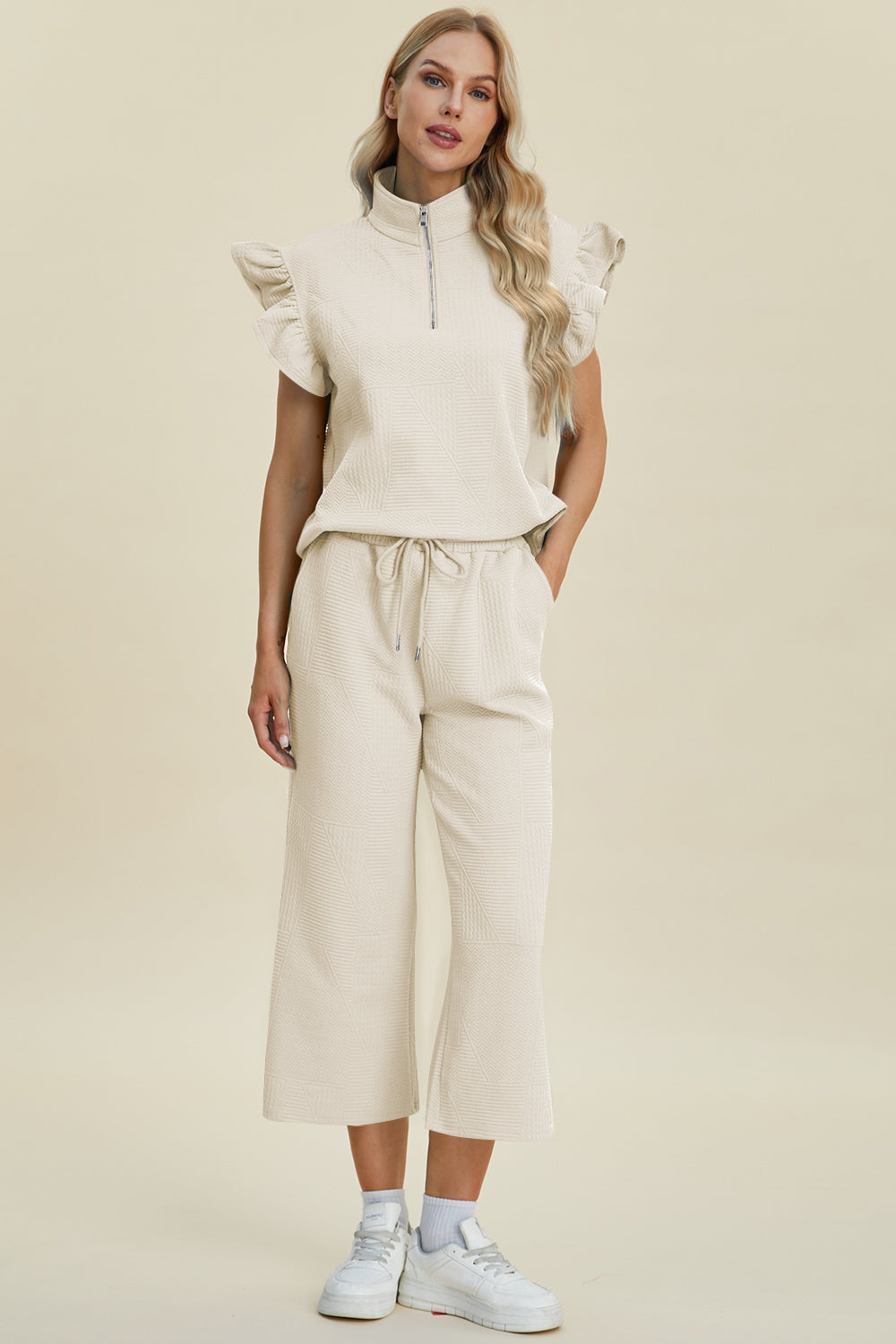 “The Ruffle Gang” Full Size Texture Ruffle Short Sleeve Top and Wide Leg Pants Set