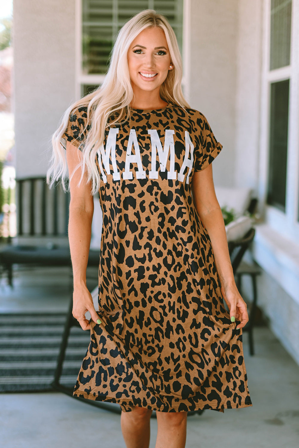 “The MAMA” Leopard Slit Short Sleeve Dress