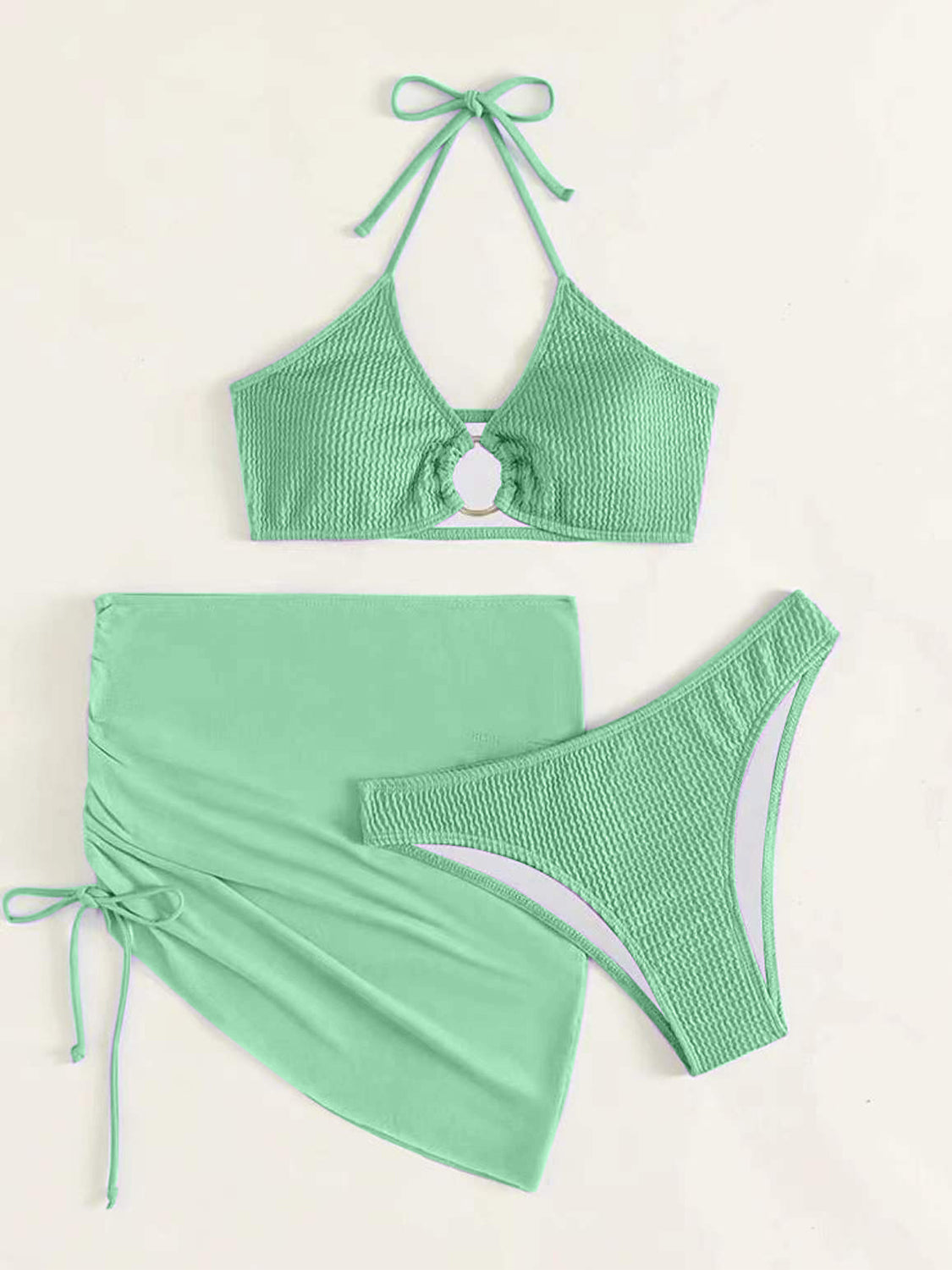 “The Too Ruched” Tied Halter Neck Three-Piece Swim Set