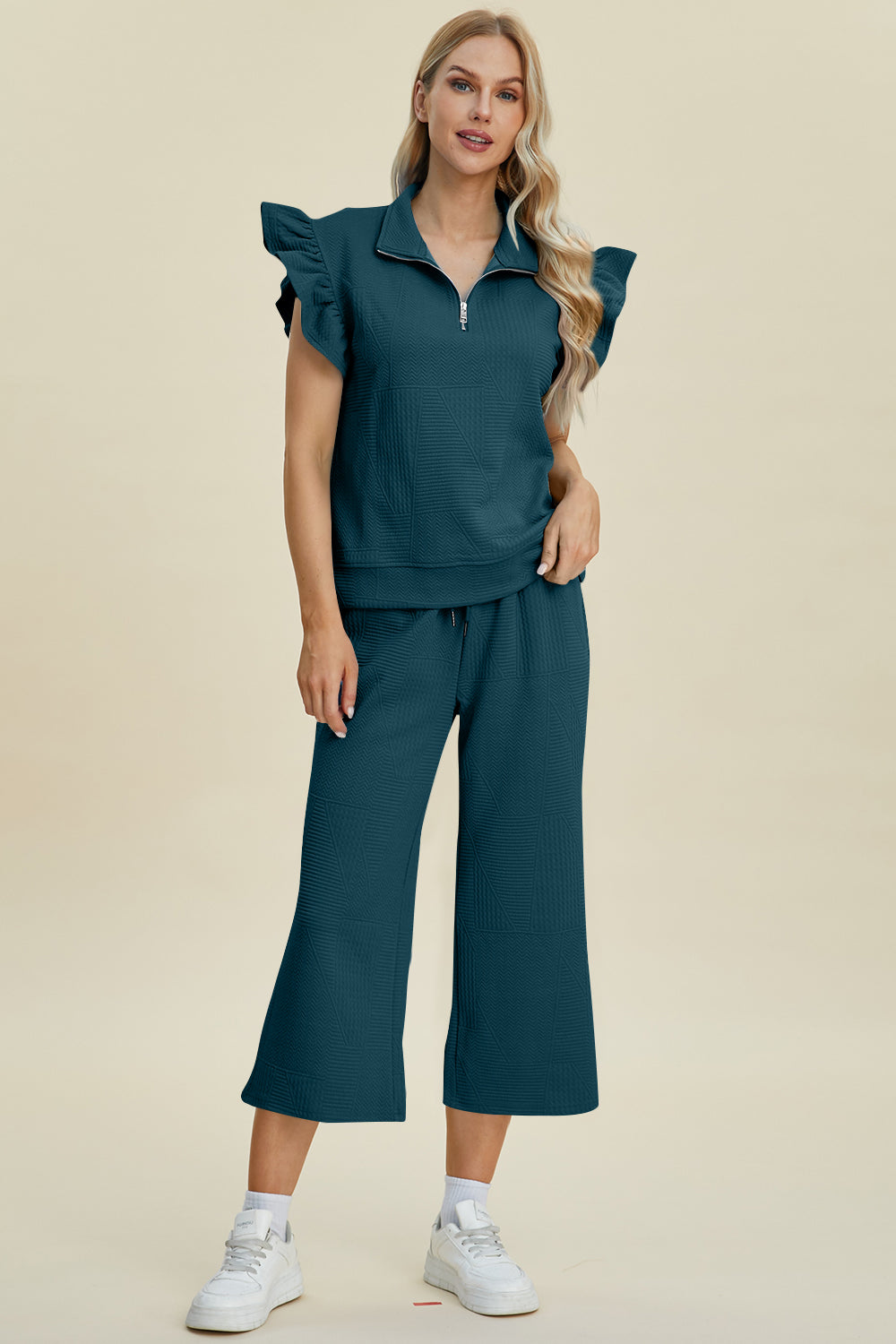 “The Ruffle Gang” Full Size Texture Ruffle Short Sleeve Top and Wide Leg Pants Set