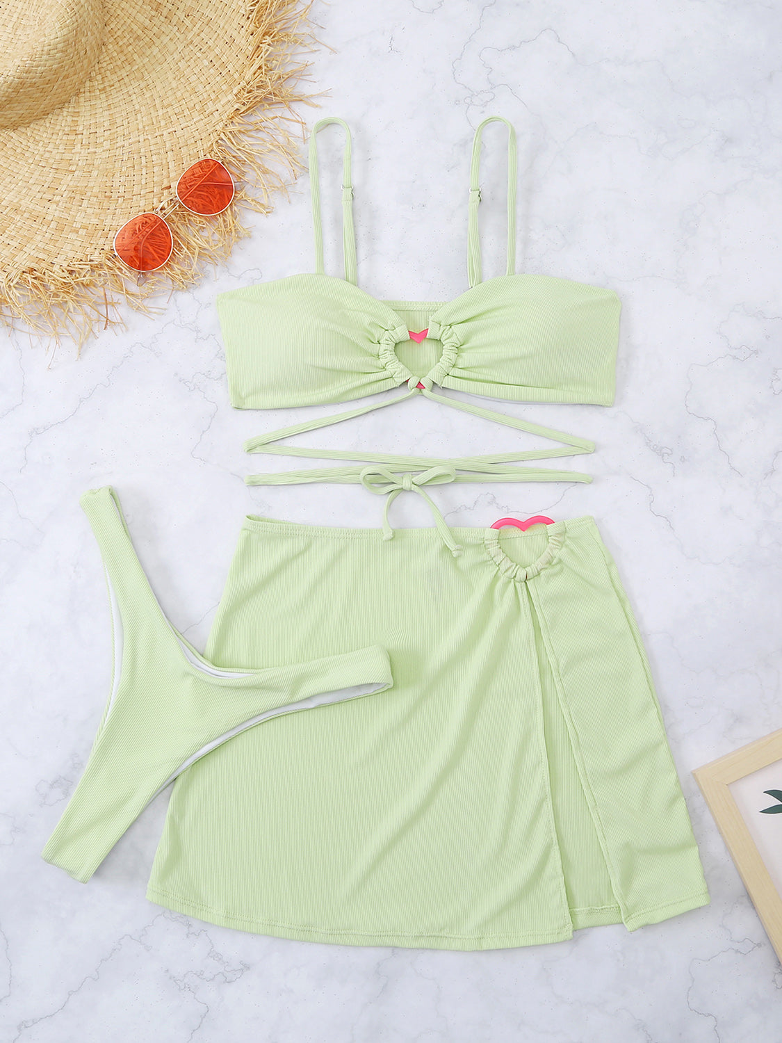 “The Heartfelt Swim” Cutout Spaghetti Strap Three-Piece Swim Set