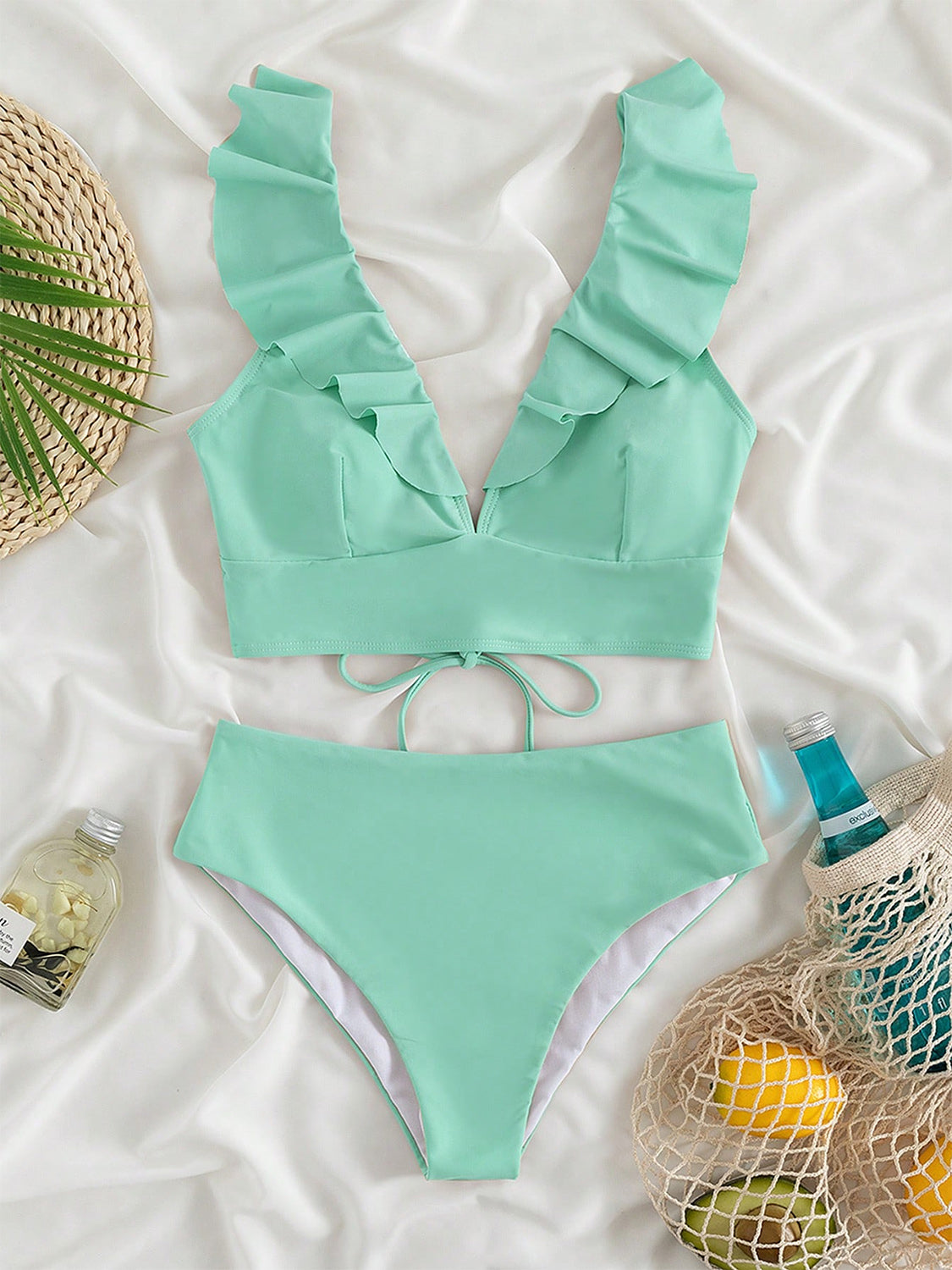 “The Chalet” Ruffled V-Neck Sleeveless Two-Piece Swim Set