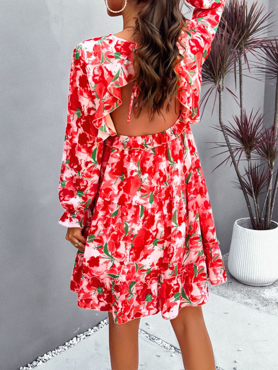 “The Artico” Backless Printed V-Neck Flounce Sleeve Dress