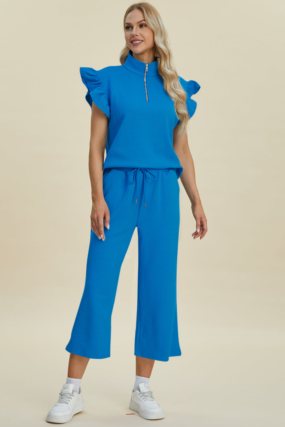 “The Ruffle Gang” Full Size Texture Ruffle Short Sleeve Top and Wide Leg Pants Set