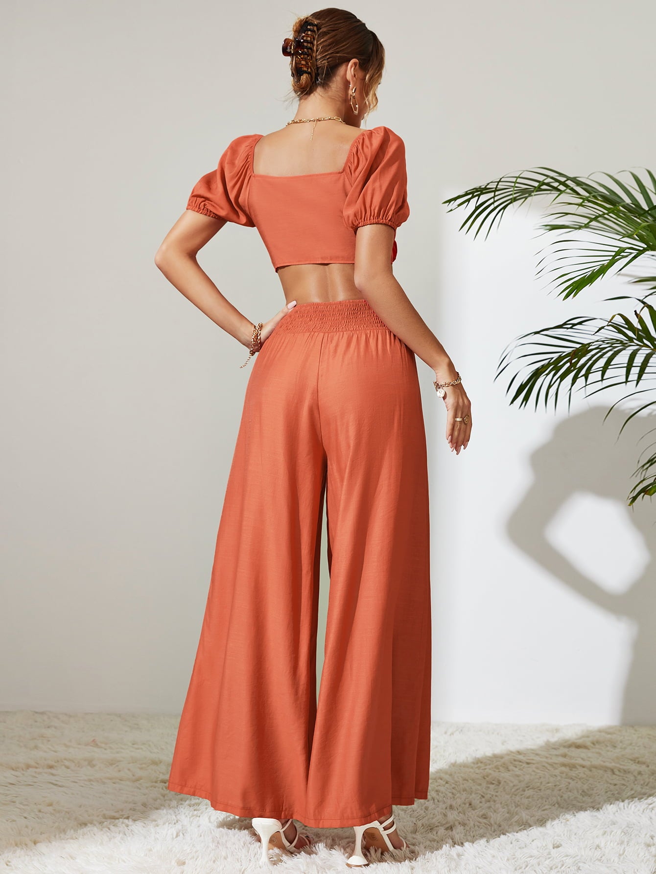 “The I forgot about It”￼Tie Front Cropped Top and Smocked Wide Leg Pants Set