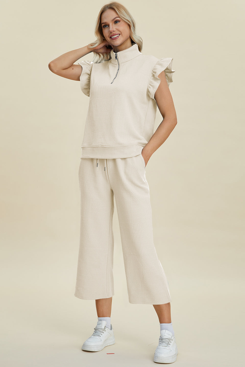 “The Ruffle Gang” Full Size Texture Ruffle Short Sleeve Top and Wide Leg Pants Set